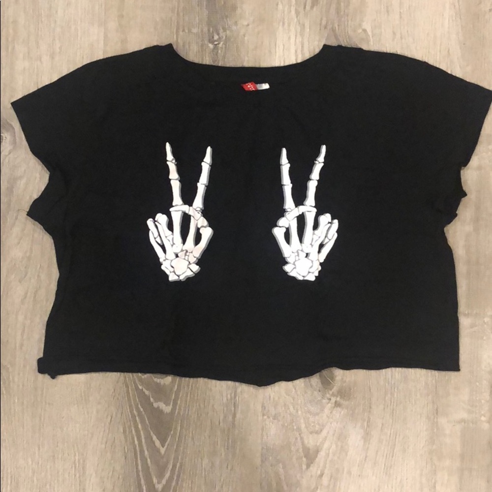 Cop top featuring skeleton hands peace signs